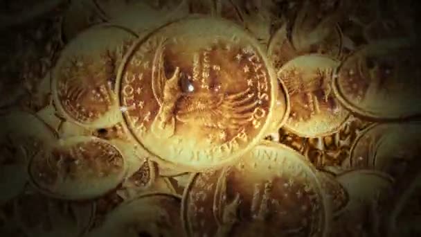 Vuelo de monedas de un dólar sobre fondo de oro líquido — Vídeo de stock