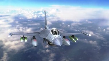 F-16 askeri jet bulutların üzerinde uçan