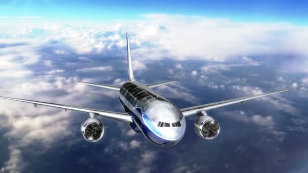 Пассажирский самолет, летящий над облаками — стоковое видео