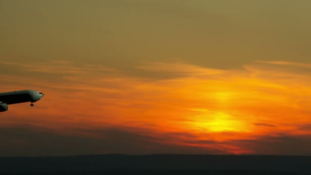 Flugzeug hebt in den Abendhimmel ab — Stockvideo