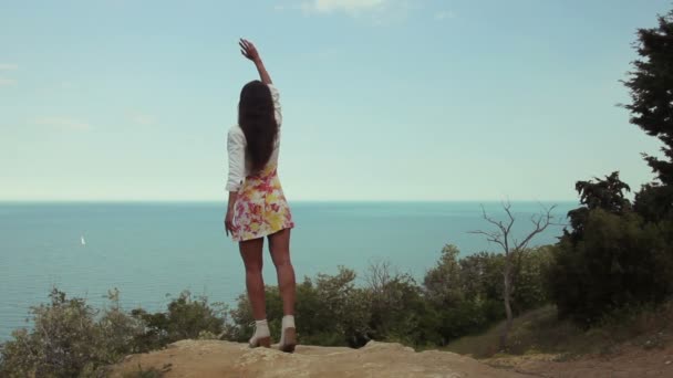 Молодая сексуальная женщина машет океану — стоковое видео