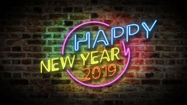 Mutlu yeni yıl ile neon ışık 2019