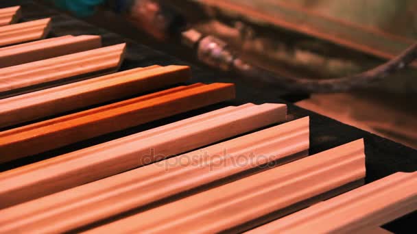 Pintura de productos de madera con pistola en taller de carpintería — Vídeos de Stock