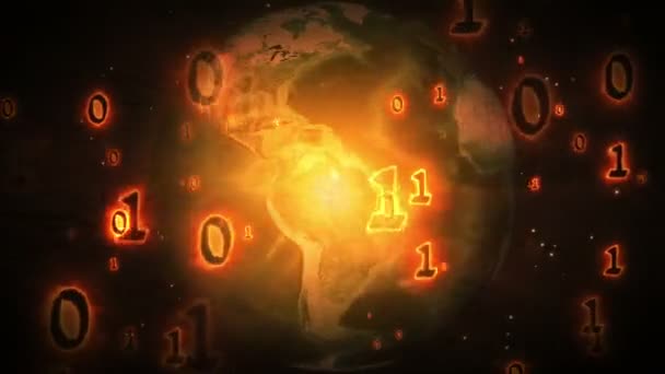 Hořící binárního kódu čísla létání nad planety země — Stock video
