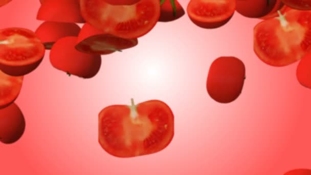 Rote geschnittene Tomaten fallen auf verschwommenem roten Hintergrund herunter. — Stockvideo