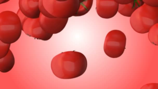 Rote Tomaten fallen auf einem verschwommenen roten Hintergrund. — Stockvideo