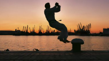 taekwondo mücadeleci bir günbatımı üzerinde deniz üzerinde silüeti