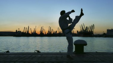 taekwondo mücadeleci bir günbatımı üzerinde deniz üzerinde silüeti