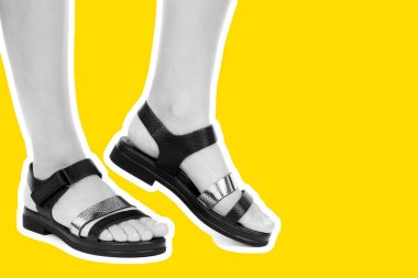 Bayan giysi ayakkabısı. Deri sandalet giyen uzun ince kadın bacakları. Fotokopi alanı olan moda modeli. Klasik ve günlük kıyafet konsepti. Detaylı yakın çekim stüdyo çekimi Magazin tarzı moda kolajı