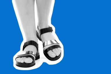 Bayan giysi ayakkabısı. Deri sandalet giyen uzun ince kadın bacakları. Fotokopi alanı olan moda modeli. Klasik ve günlük kıyafet konsepti. Ayrıntılı yakın çekim stüdyo çekimi. Dergi tarzı moda kolajı