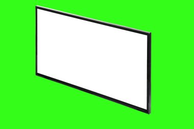 Modern yüksek çözünürlüklü televizyon. Lcd düz ekran, boş beyaz ekran, soyut yeşil krom anahtar arka planda izole. Teknoloji ve 4K televizyon reklam konsepti. Ayrıntılı stüdyo kapanışı