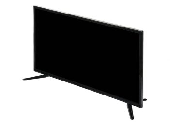 Modern yüksek çözünürlüklü televizyon. Lcd düz ekran, boş siyah ekran, soyut, bulanık beyaz zemin üzerinde izole. Teknoloji ve 4K televizyon reklam konsepti. Ayrıntılı stüdyo kapanışı