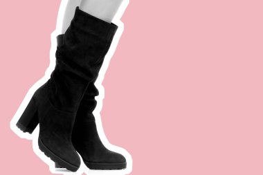 Bayan giysi ayakkabısı. Uzun ince kadın bacakları yüksek topuklu uzun çizme giyer. Fotokopi alanı olan moda modeli. Klasik ve günlük kıyafet konsepti. Ayrıntılı yakın çekim stüdyo çekimi. Dergi tarzı moda kolajı