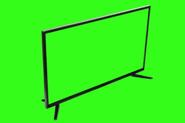 Modern yüksek çözünürlüklü televizyon. Lcd düz ekran, boş yeşil ekran, soyut bulanık krom anahtar arkaplan izole. Teknoloji ve 4K televizyon reklam konsepti. Ayrıntılı stüdyo kapanışı