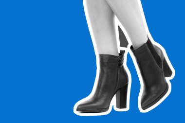 Bayan giysi ayakkabısı. Uzun ince kadın bacakları yüksek topuklu ayakkabı giyer. Fotokopi alanı olan moda modeli. Klasik ve günlük kıyafet konsepti. Ayrıntılı yakın çekim stüdyo çekimi. Dergi tarzı moda kolajı