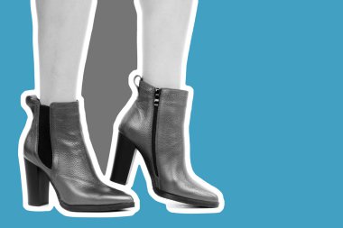 Bayan giysi ayakkabısı. Uzun ince kadın bacakları yüksek topuklu ayakkabı giyer. Fotokopi alanı olan moda modeli. Klasik ve günlük kıyafet konsepti. Ayrıntılı yakın çekim stüdyo çekimi. Dergi tarzı moda kolajı