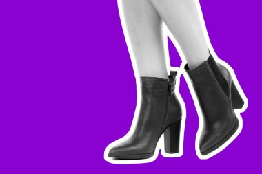 Bayan giysi ayakkabısı. Uzun ince kadın bacakları yüksek topuklu ayakkabı giyer. Fotokopi alanı olan moda modeli. Klasik ve günlük kıyafet konsepti. Ayrıntılı yakın çekim stüdyo çekimi. Dergi tarzı moda kolajı