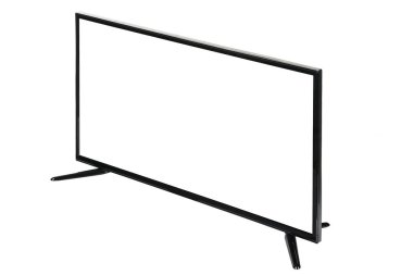 Modern yüksek çözünürlüklü televizyon. Lcd düz ekran ve boş ekran, soyut bulanık beyaz arkaplan üzerinde izole. Teknoloji ve 4K televizyon reklam konsepti. Ayrıntılı stüdyo kapanışı