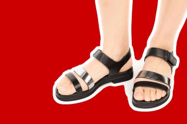 Bayan giysi ayakkabısı. Deri sandalet giyen uzun ince kadın bacakları. Fotokopi alanı olan moda modeli. Klasik ve günlük kıyafet konsepti. Detaylı yakın çekim stüdyo çekimi Magazin tarzı moda kolajı