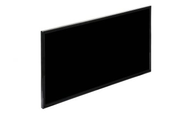 Modern yüksek çözünürlüklü televizyon. Lcd düz ekran, boş siyah ekran, soyut, bulanık beyaz zemin üzerinde izole. Teknoloji ve 4K televizyon reklam konsepti. Ayrıntılı stüdyo kapanışı