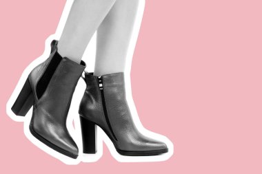 Bayan giysi ayakkabısı. Yüksek topuklu ayakkabı giyen uzun ince kadın bacakları. Fotokopi alanı olan moda modeli. Klasik ve günlük kıyafet konsepti. Ayrıntılı yakın çekim stüdyo çekimi. Dergi tarzı moda kolajı