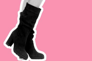 Bayan giysi ayakkabısı. Uzun ince kadın bacakları yüksek topuklu uzun çizme giyer. Fotokopi alanı olan moda modeli. Klasik ve günlük kıyafet konsepti. Ayrıntılı yakın çekim stüdyo çekimi. Dergi tarzı moda kolajı