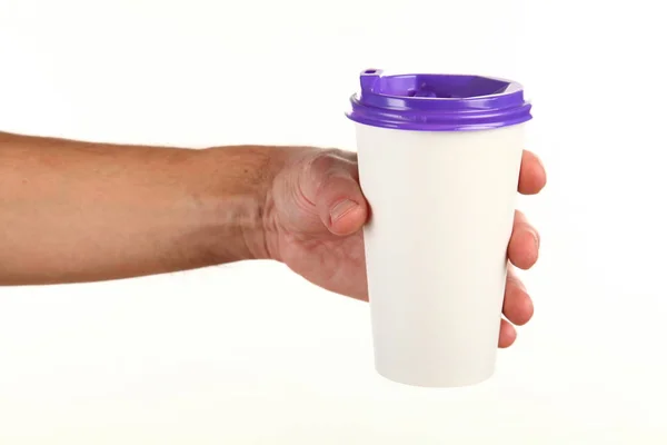 Human Hand Holds Blank Paper Coffee Cup Plastic Cap Concept — Stock Photo, Image