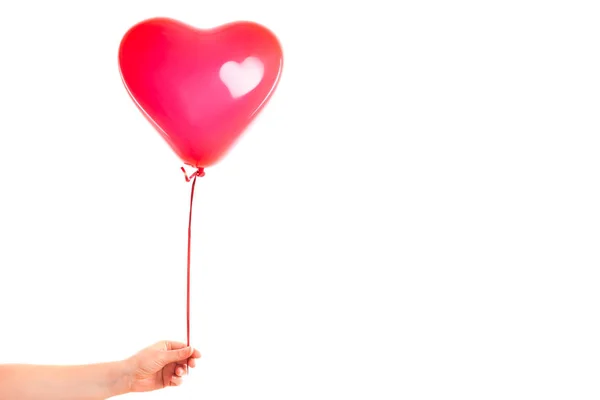 Mão Fêmea Segura Balão Inflável Forma Coração Borracha Vermelha Amor — Fotografia de Stock