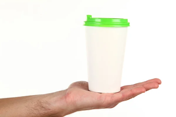 Die Menschliche Hand Hält Eine Leere Kaffeetasse Aus Papier Mit — Stockfoto