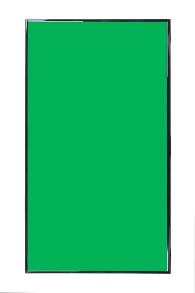 現代の高精細テレビ 抽象的なぼやけた白い背景に隔離された 空白の緑色のクロマキー画面を持つ液晶フラットモニター 技術と4Kテレビの広告コンセプト 詳細なスタジオクローズアップ — ストック写真