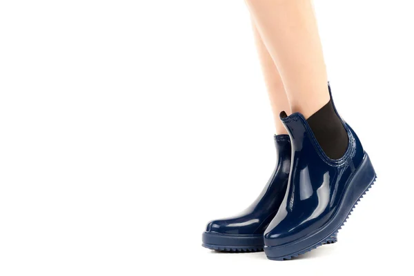 Ladies Outfit Footwear Long Slim Female Legs Wearing Rubber Boots — 스톡 사진