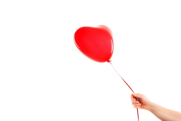 Mão Fêmea Segura Balão Inflável Forma Coração Borracha Vermelha Amor — Fotografia de Stock