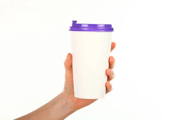 Human Hand Holds Blank Paper Coffee Cup Plastic Cap Concept — Stock Photo, Image