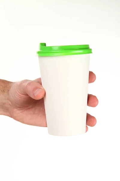 Människans Hand Håller Ett Tomt Papper Kaffekopp Med Plastlock Begreppet — Stockfoto