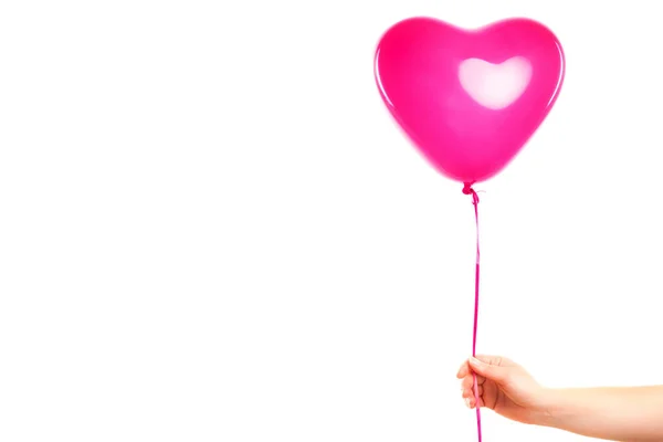 Mão Fêmea Segura Balão Inflável Forma Coração Borracha Vermelha Amor — Fotografia de Stock