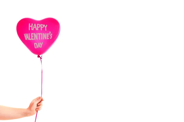 Female Hand Holds Red Rubber Inflatable Heart Shape Balloon Love — Stock Photo, Image