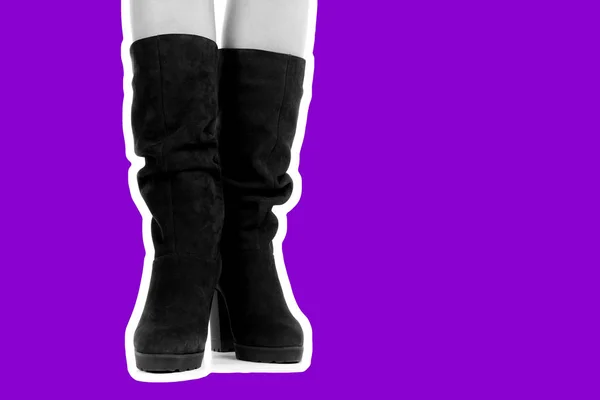 女装鞋袜 细长的女性腿穿着高跟鞋高靴 仿制空间的时尚模型 经典和休闲服装的概念 详细的特写镜头拍摄 杂志风格的时装拼贴 — 图库照片