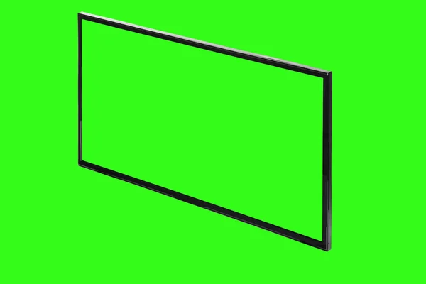 Modern high definition TV. LCD flat monitor with blank green screen, isolated on abstract blurred chromakey background. Technology and 4k television advertising concept. Detailed studio closeup