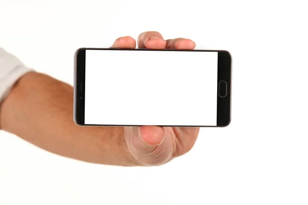 Ανθρώπινο Χέρι Κατέχει Ένα Σύγχρονο Smartphone Ένα Κενό Chromakey Οθόνη — Φωτογραφία Αρχείου