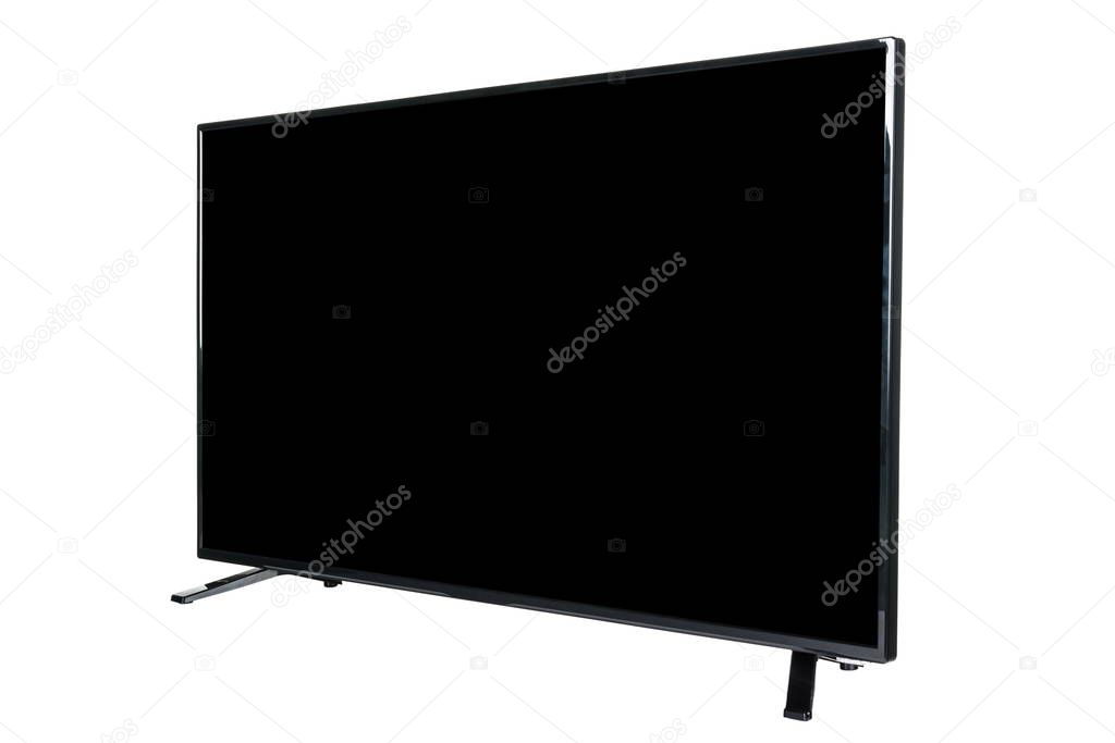 Modern high definition TV. LCD flat monitor with blank green chromakey screen, isolated on abstract blurred white background. Technology and 4k television advertising concept. Detailed studio closeup