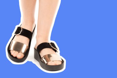 Bayan giysi ayakkabısı. Deri sandalet giyen uzun ince kadın bacakları. Fotokopi alanı olan moda modeli. Klasik ve günlük kıyafet konsepti. Detaylı yakın çekim stüdyo çekimi Magazin tarzı moda kolajı