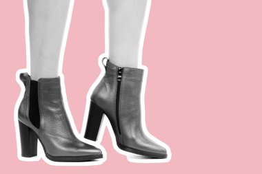 Bayan giysi ayakkabısı. Uzun ince kadın bacakları yüksek topuklu ayakkabı giyer. Fotokopi alanı olan moda modeli. Klasik ve günlük kıyafet konsepti. Ayrıntılı yakın çekim stüdyo çekimi. Dergi tarzı moda kolajı