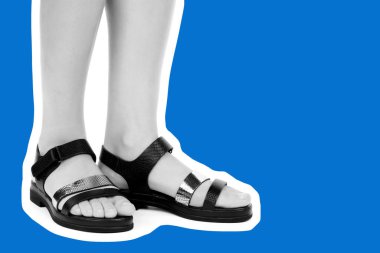 Bayan giysi ayakkabısı. Deri sandalet giyen uzun ince kadın bacakları. Fotokopi alanı olan moda modeli. Klasik ve günlük kıyafet konsepti. Ayrıntılı yakın çekim stüdyo çekimi. Dergi tarzı moda kolajı