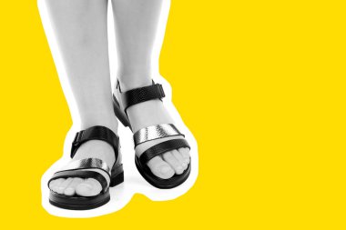 Bayan giysi ayakkabısı. Deri sandalet giyen uzun ince kadın bacakları. Fotokopi alanı olan moda modeli. Klasik ve günlük kıyafet konsepti. Ayrıntılı yakın çekim stüdyo çekimi. Dergi tarzı moda kolajı