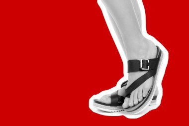 Bayan giysi ayakkabısı. Deri sandalet giyen uzun ince kadın bacakları. Fotokopi alanı olan moda modeli. Klasik ve günlük kıyafet konsepti. Ayrıntılı yakın çekim stüdyo çekimi. Dergi tarzı moda kolajı