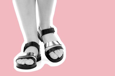 Bayan giysi ayakkabısı. Deri sandalet giyen uzun ince kadın bacakları. Fotokopi alanı olan moda modeli. Klasik ve günlük kıyafet konsepti. Ayrıntılı yakın çekim stüdyo çekimi. Dergi tarzı moda kolajı