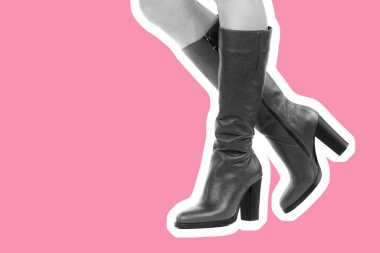 Bayan giysi ayakkabısı. Uzun ince dişinin bacakları yüksek topuklu uzun çizmeler giyer. Fotokopi alanı olan moda modeli. Klasik ve günlük kıyafet konsepti. Ayrıntılı yakın çekim stüdyo çekimi. Dergi tarzı moda kolajı