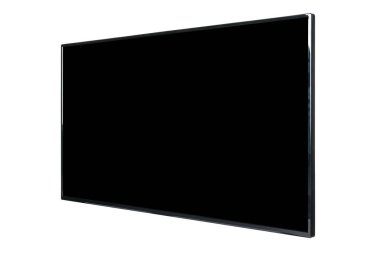 Modern yüksek çözünürlüklü televizyon. Lcd düz ekran, boş siyah renkli ekran, soyut, bulanık beyaz arkaplan üzerinde izole. Teknoloji ve 4K televizyon reklam konsepti. Ayrıntılı stüdyo kapanışı