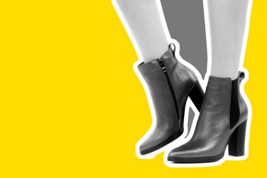 Bayan giysi ayakkabısı. Uzun ince kadın bacakları yüksek topuklu ayakkabı giyer. Fotokopi alanı olan moda modeli. Klasik ve günlük kıyafet konsepti. Ayrıntılı yakın çekim stüdyo çekimi. Dergi tarzı moda kolajı