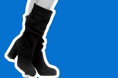 Bayan giysi ayakkabısı. Uzun ince kadın bacakları yüksek topuklu uzun çizme giyer. Fotokopi alanı olan moda modeli. Klasik ve günlük kıyafet konsepti. Ayrıntılı yakın çekim stüdyo çekimi. Dergi tarzı moda kolajı